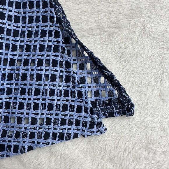 Yushi top large navy and periwinkle blue open weave loose fit cowl neck elbow sl - Picture 4 of 10